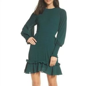 Nordstrom Green Botanical Crinkled Ruffled Hem Dress w/ Smocked Cuffs
